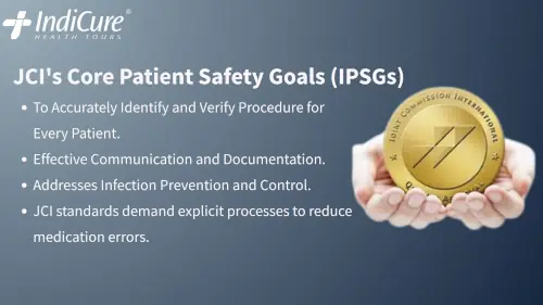 Infographic listing how JCI Standards Keep International Patients Safe, including the use of Double Patient ID, mandatory translation for informed consent, strict infection control, and ensuring medication safety. The visual shows a pair of hands holding the JCI Gold Seal of Quality Approval. Infographic listing how JCI Standards Keep International Patients Safe, including the use of Double Patient ID, mandatory translation for informed consent, strict infection control, and ensuring medication safety. The visual shows a pair of hands holding the JCI Gold Seal of Quality Approval.